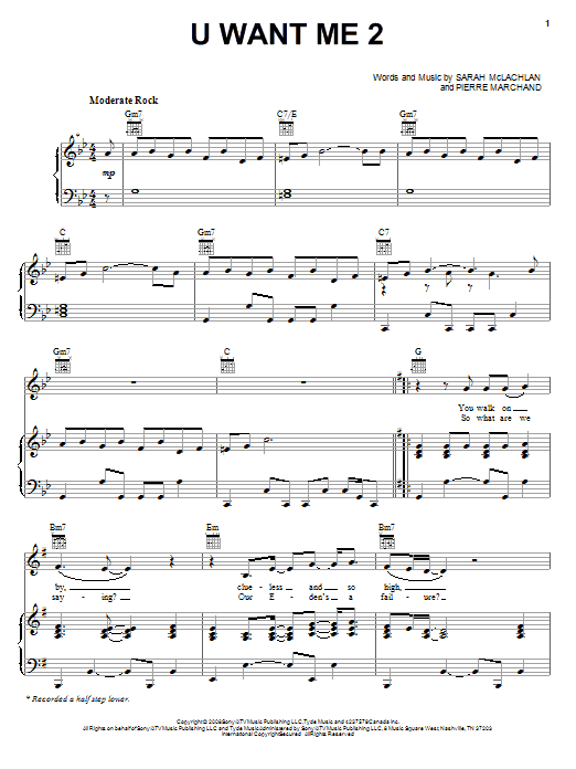 Sarah McLachlan U Want Me 2 sheet music notes and chords arranged for Piano, Vocal & Guitar Chords (Right-Hand Melody)
