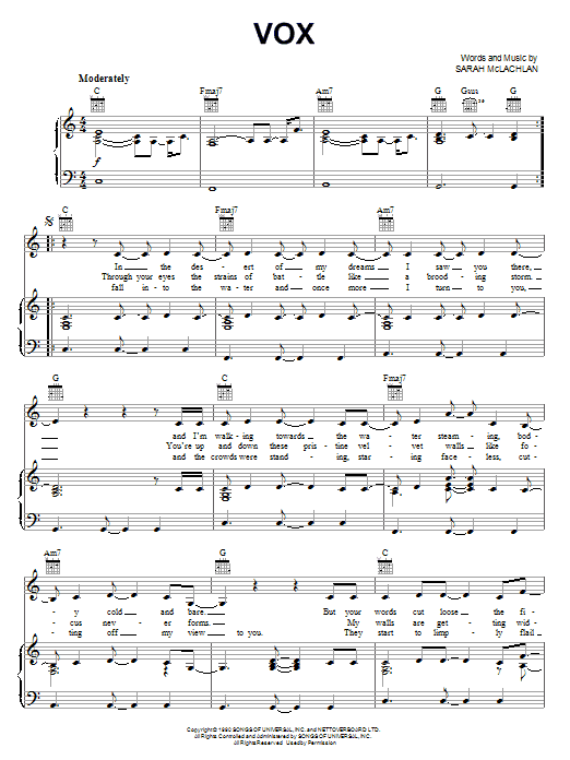 Sarah McLachlan Vox sheet music notes and chords arranged for Piano Solo