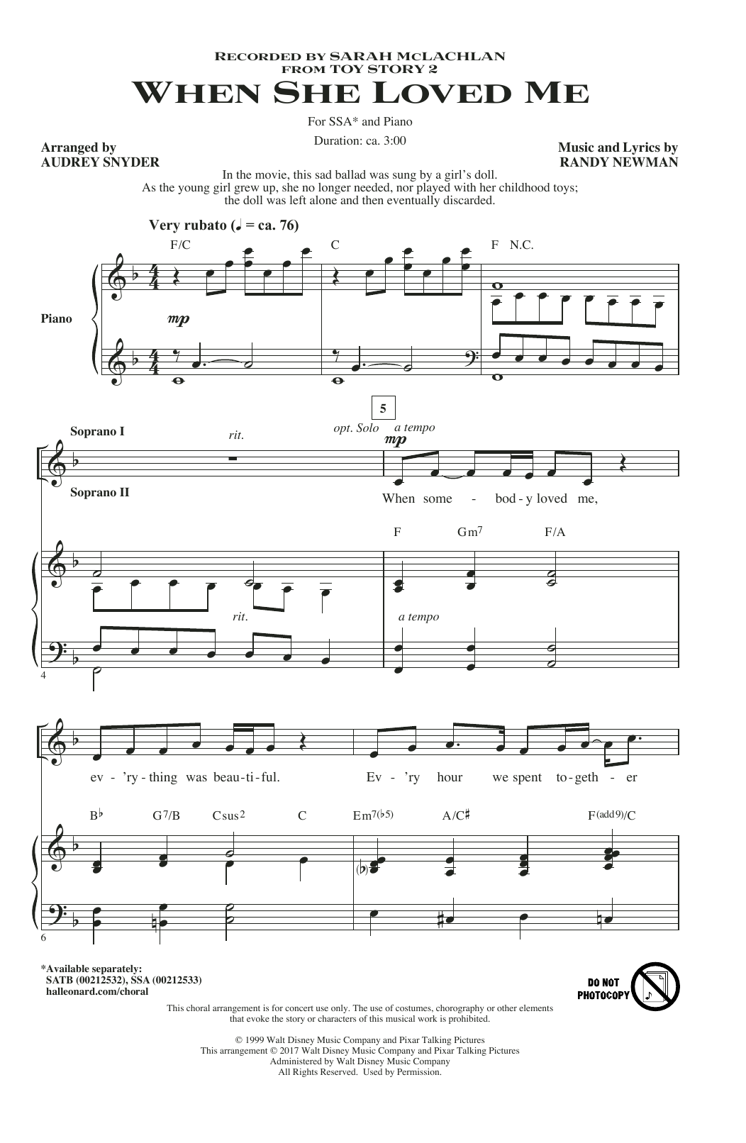 Sarah McLachlan When She Loved Me (from Toy Story 2) (arr. Audrey Snyder) sheet music notes and chords arranged for SSA Choir