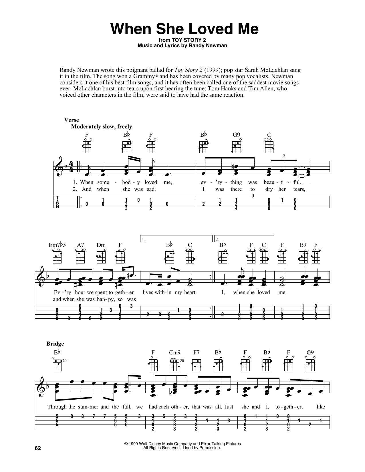 Sarah McLachlan When She Loved Me (from Toy Story 2) (arr. Fred Sokolow) sheet music notes and chords arranged for Easy Ukulele Tab