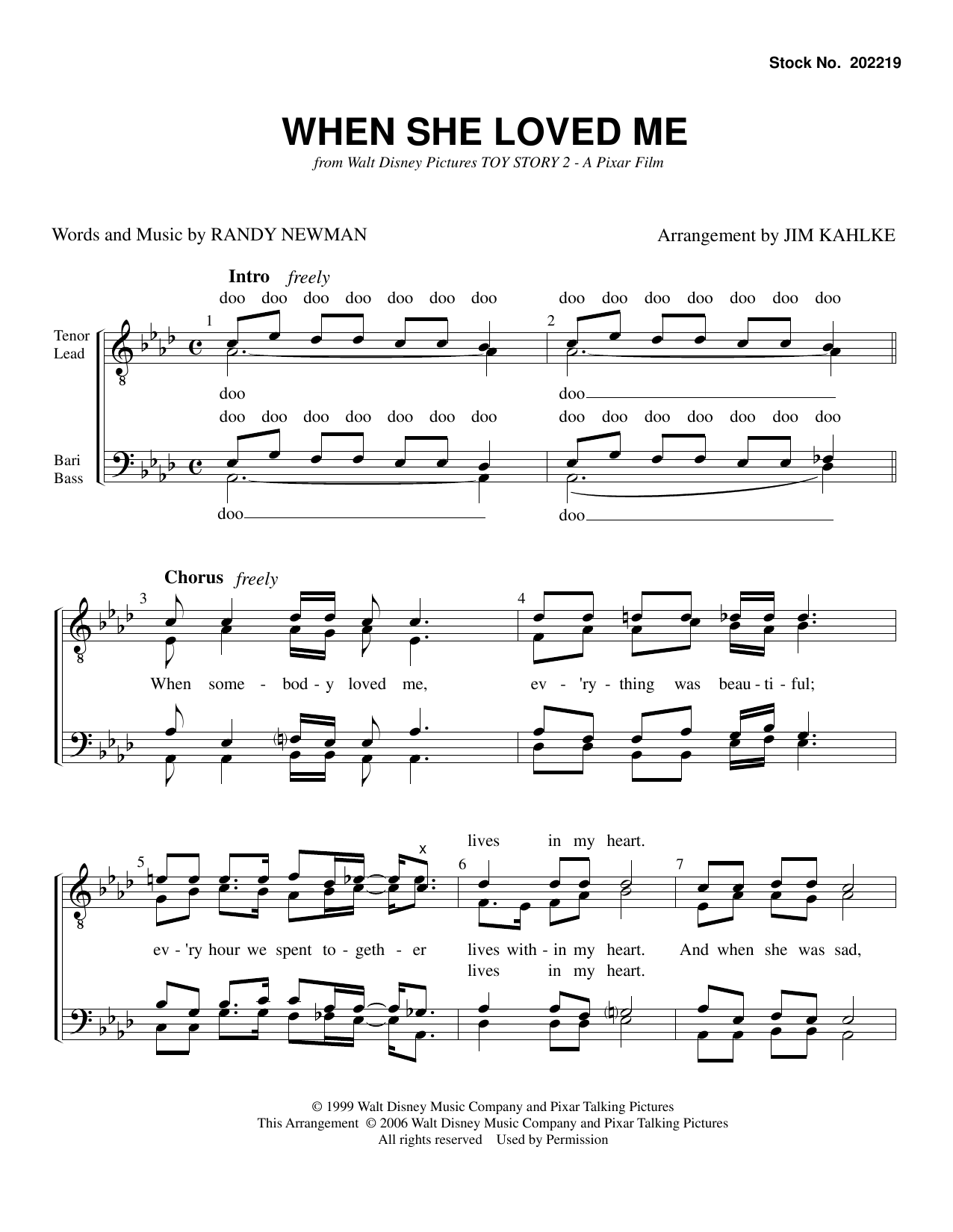 Sarah McLachlan When She Loved Me (from Toy Story 2) (arr. Jim Kahlke) sheet music notes and chords arranged for TTBB Choir