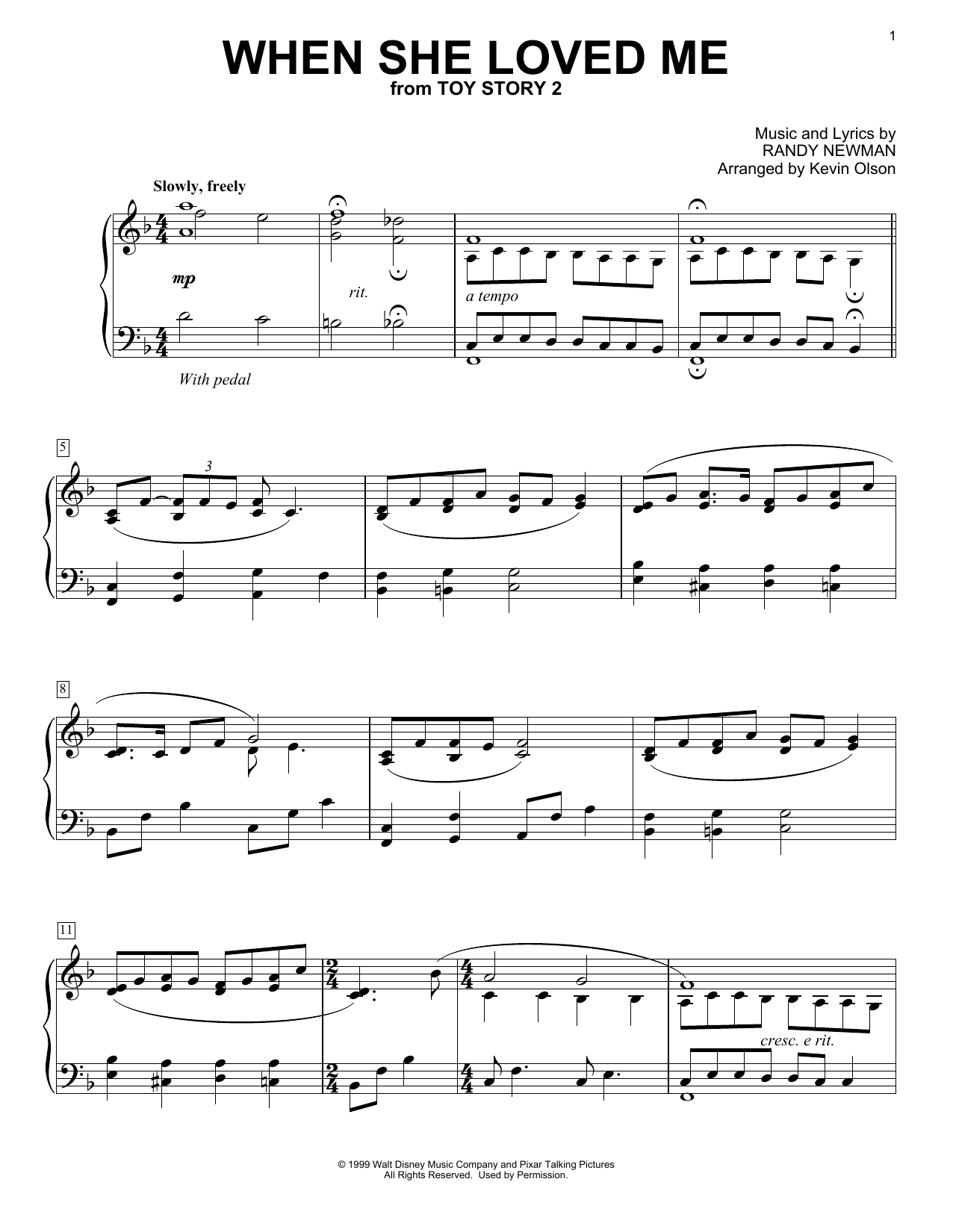 Sarah McLachlan When She Loved Me (from Toy Story 2) (arr. Kevin Olson) sheet music notes and chords arranged for Easy Piano Solo