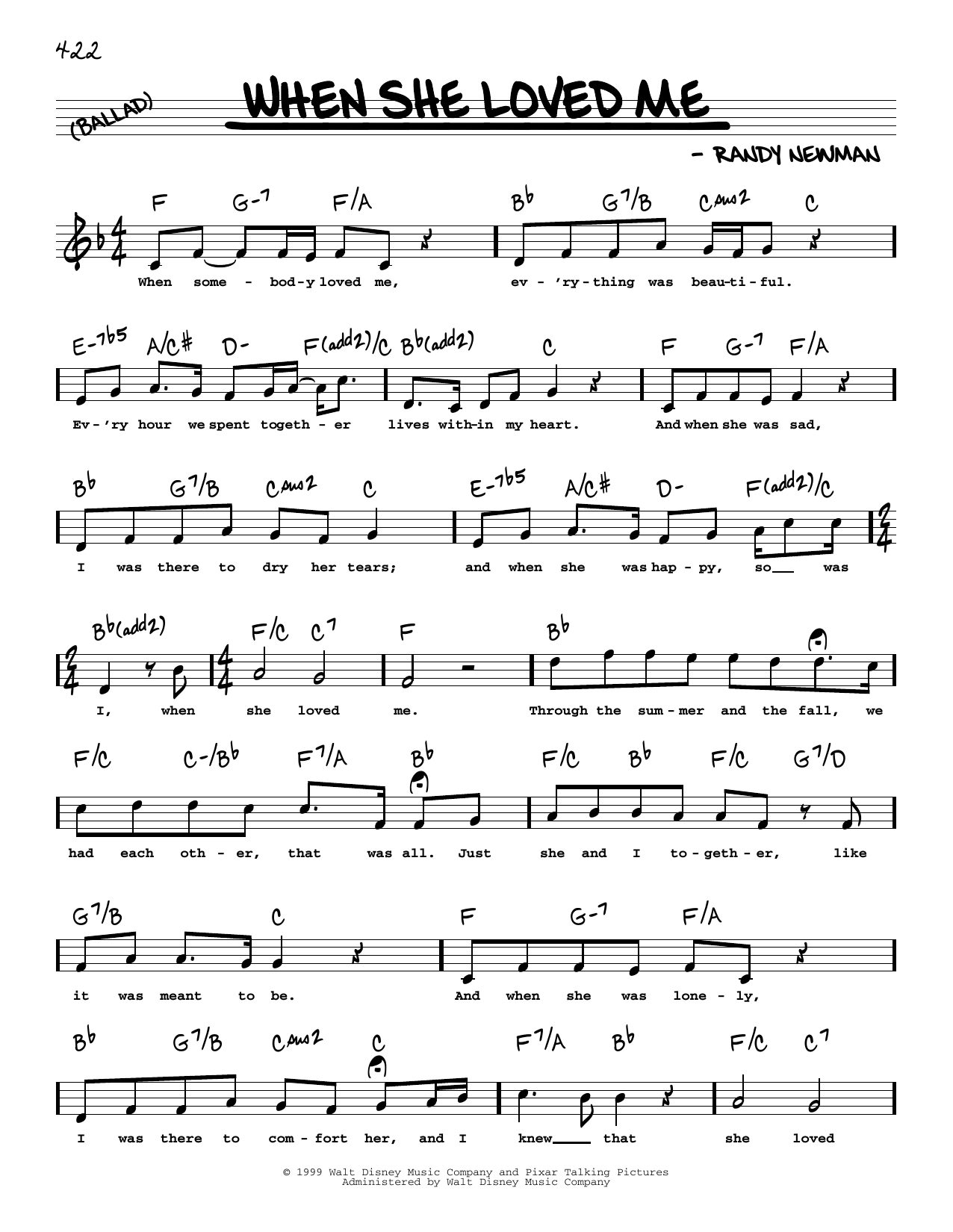Sarah McLachlan When She Loved Me (from Toy Story 2) (High Voice) sheet music notes and chords arranged for Real Book – Melody, Lyrics & Chords
