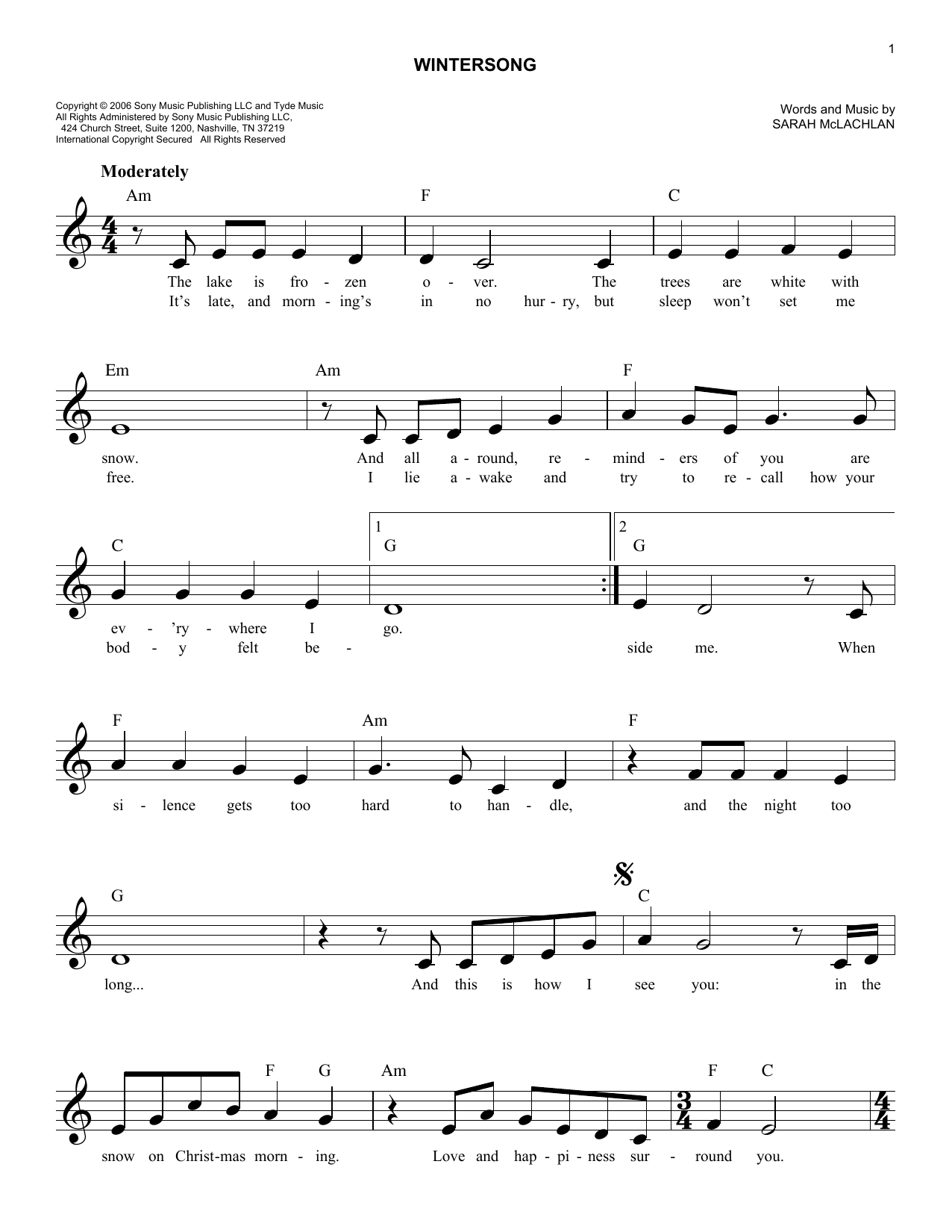 Sarah McLachlan Wintersong sheet music notes and chords arranged for Lead Sheet / Fake Book