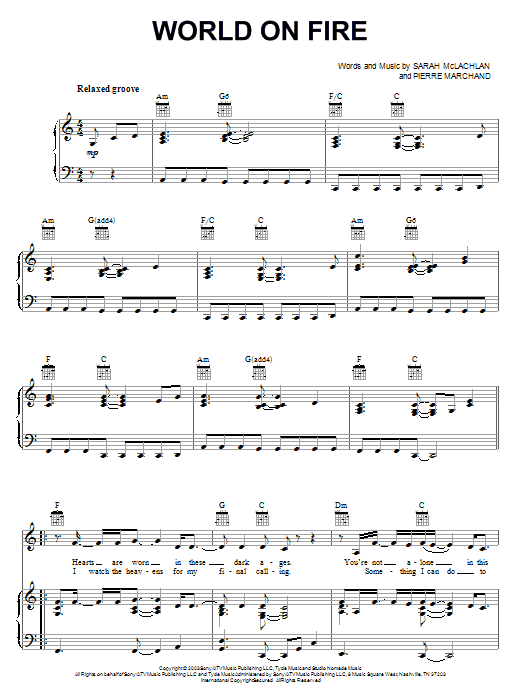 Sarah McLachlan World On Fire sheet music notes and chords arranged for Piano, Vocal & Guitar Chords (Right-Hand Melody)