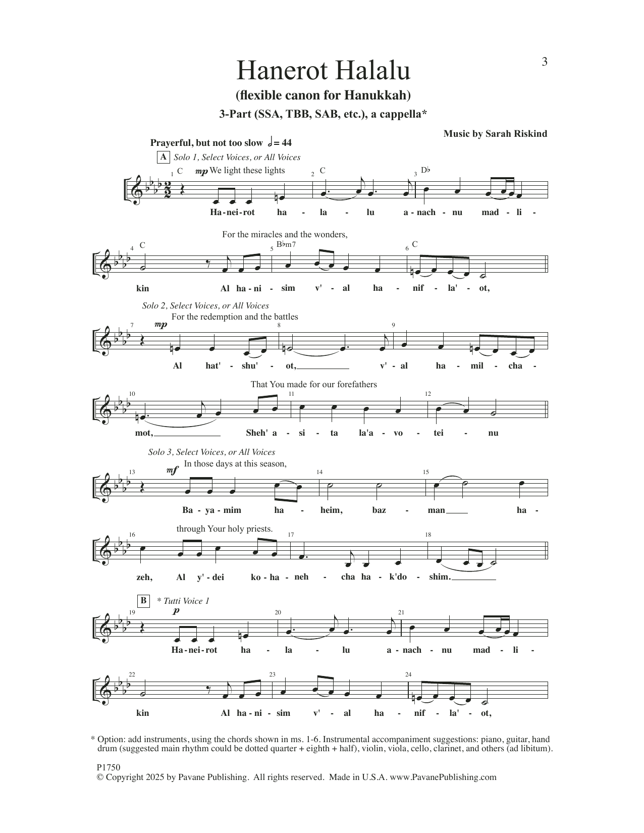 Sarah Riskind Hanerot Halalu sheet music notes and chords arranged for SSA Choir