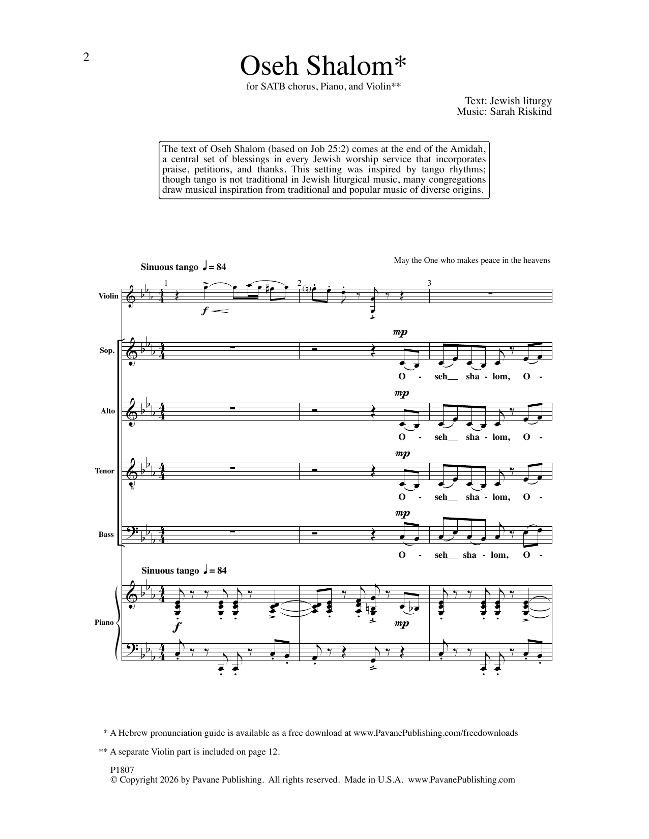 Sarah Riskind Oseh Shalom sheet music notes and chords arranged for SATB Choir