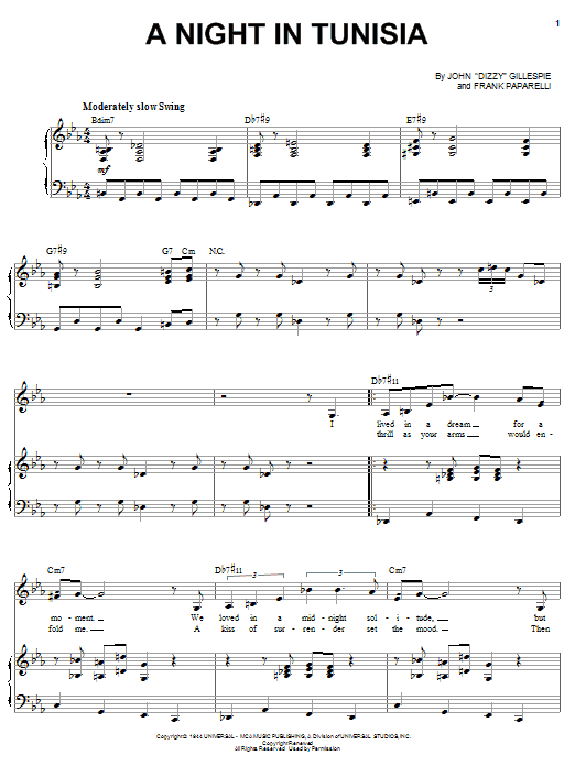 Sarah Vaughan A Night In Tunisia sheet music notes and chords arranged for Piano & Vocal