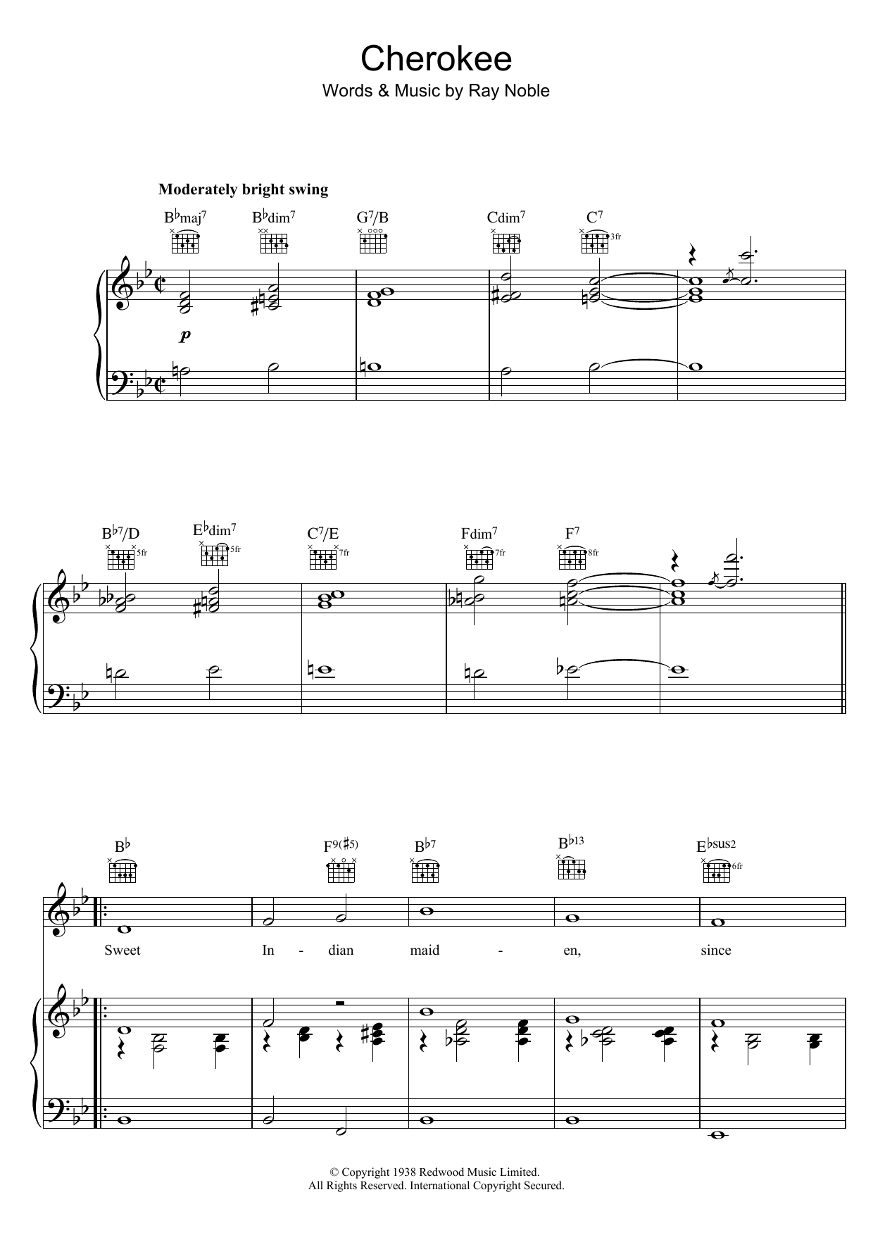 Sarah Vaughan Cherokee sheet music notes and chords arranged for Piano, Vocal & Guitar Chords