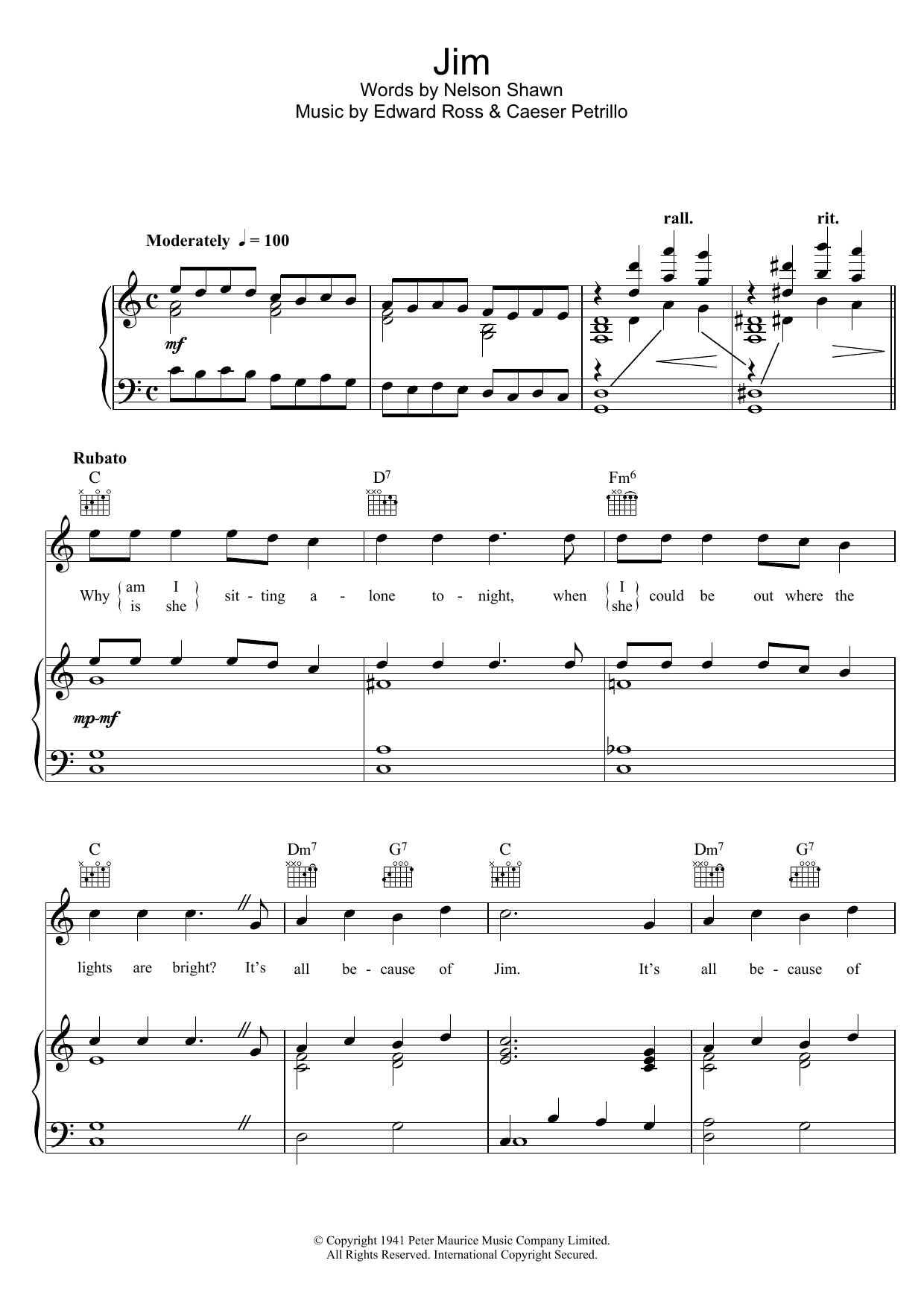 Sarah Vaughan Jim sheet music notes and chords arranged for Piano, Vocal & Guitar Chords