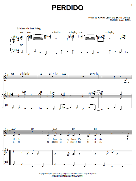Sarah Vaughan Perdido sheet music notes and chords arranged for Piano & Vocal