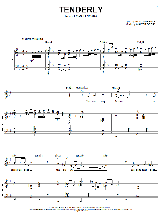 Sarah Vaughan Tenderly sheet music notes and chords arranged for Piano & Vocal