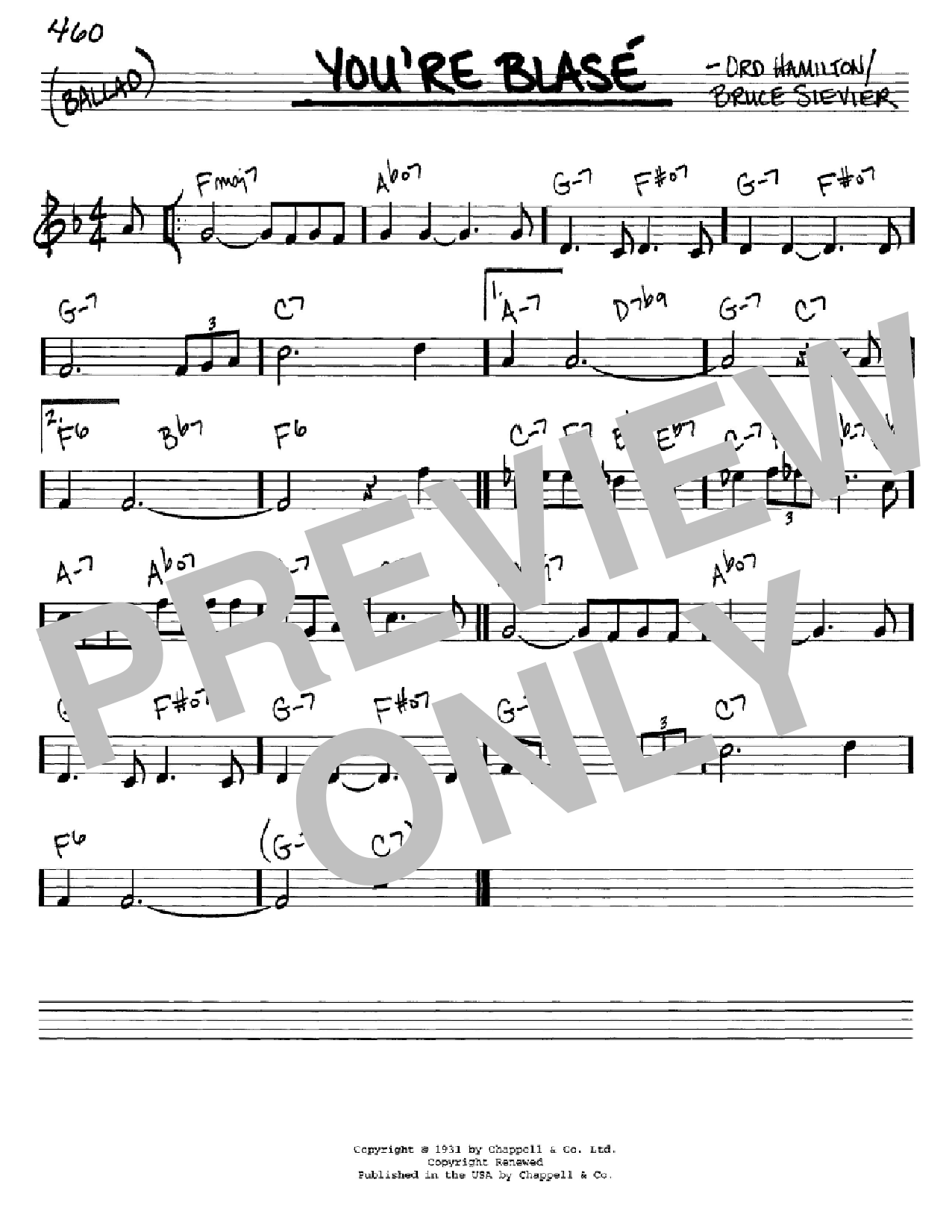 Sarah Vaughan You're Blase sheet music notes and chords arranged for Real Book – Melody & Chords – C Instruments