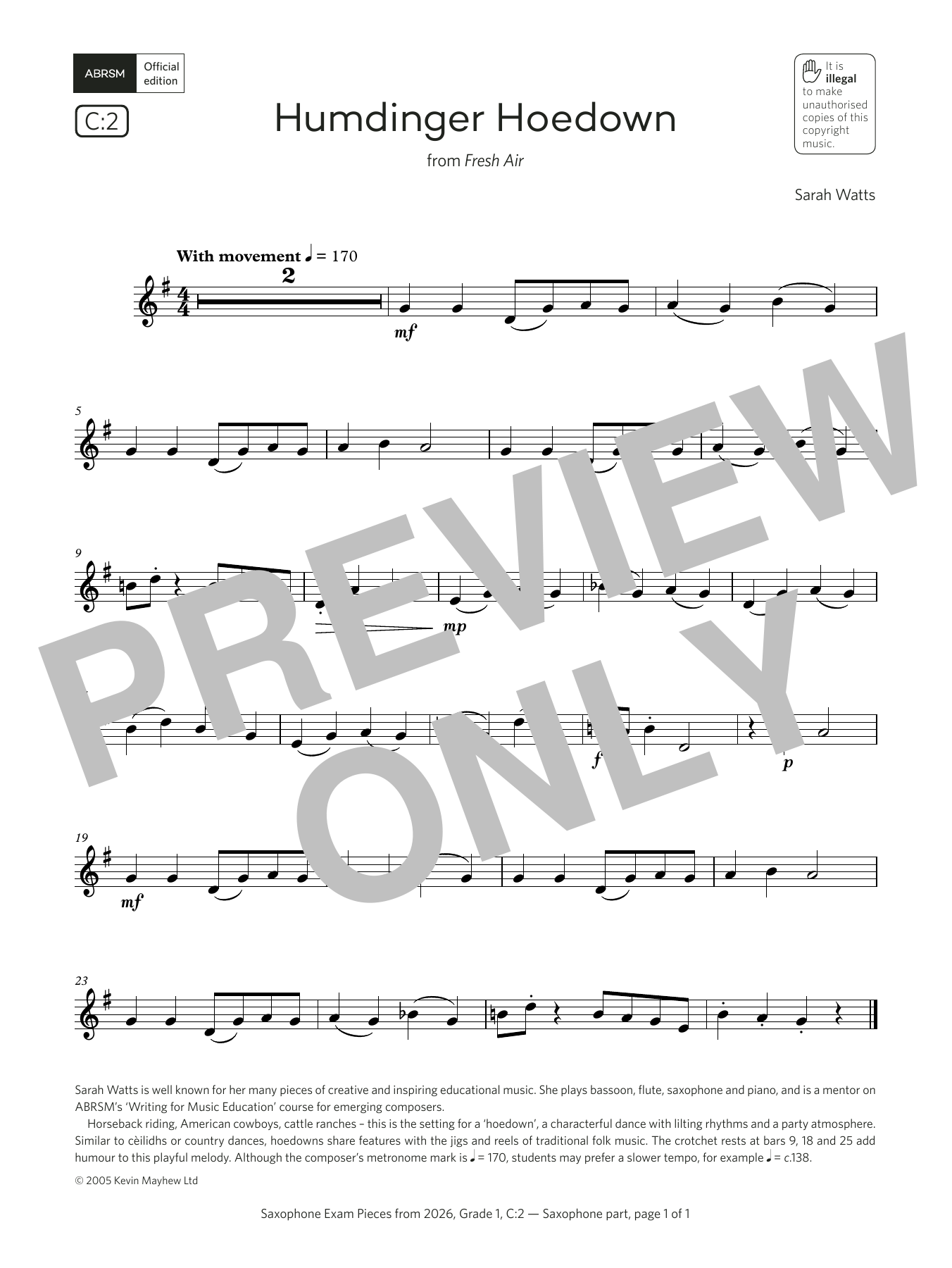 Sarah Watts Humdinger Hoedown (Grade 1, list C2, from the ABRSM Saxophone Syllabus from 2026) sheet music notes and chords arranged for Alto Sax Solo