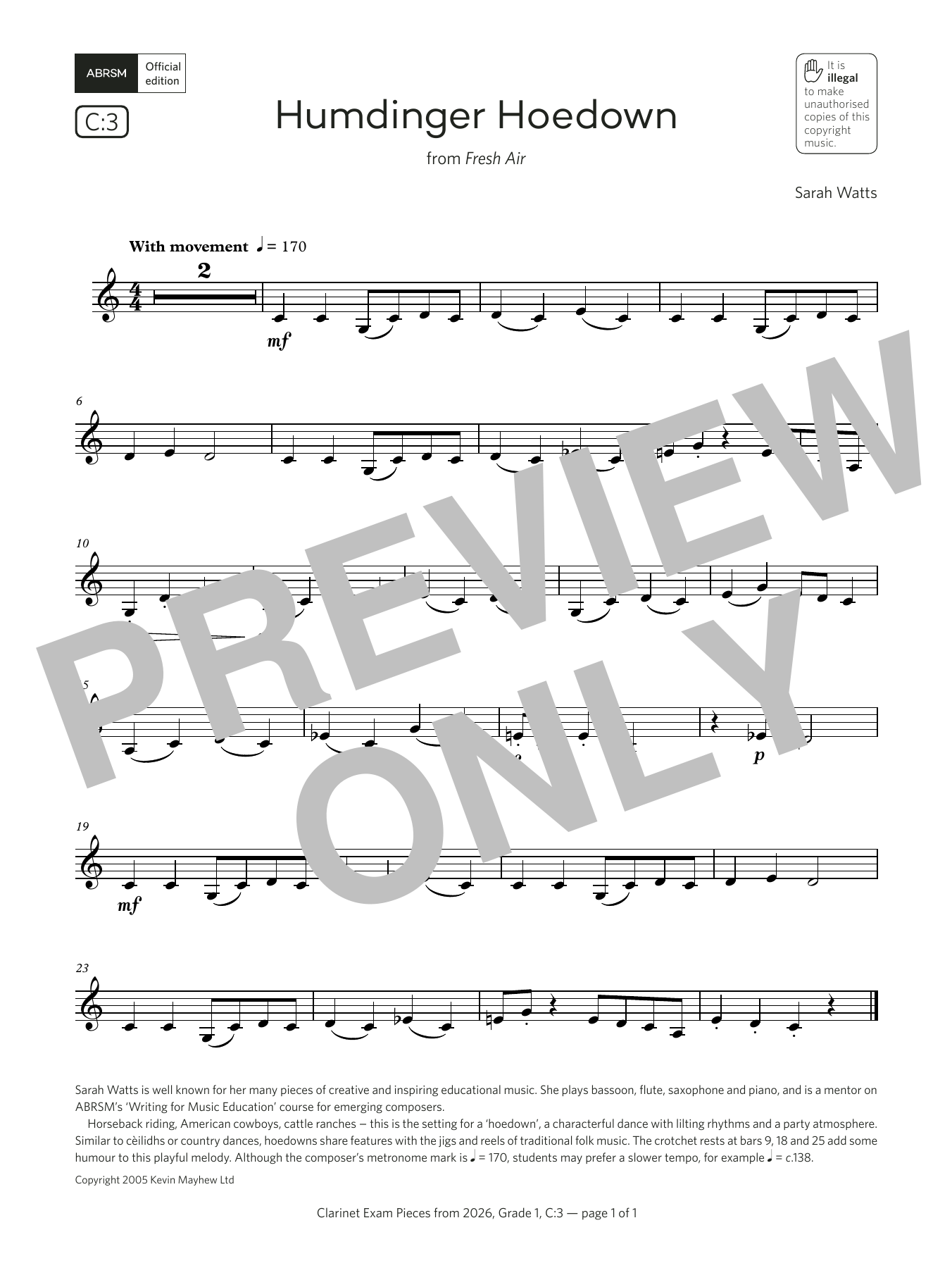 Sarah Watts Humdinger Hoedown (Grade 1, list C3, from the ABRSM Clarinet Syllabus from 2026) sheet music notes and chords arranged for Clarinet Solo