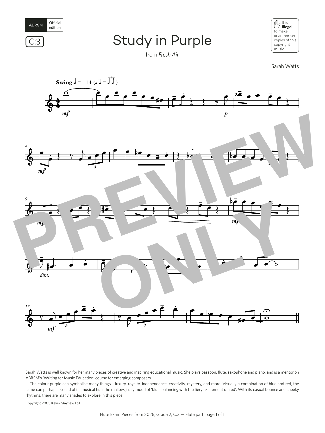 Sarah Watts Study in Purple (Grade 2, list C3, from the ABRSM Flute Syllabus from 2026) sheet music notes and chords arranged for Flute Solo