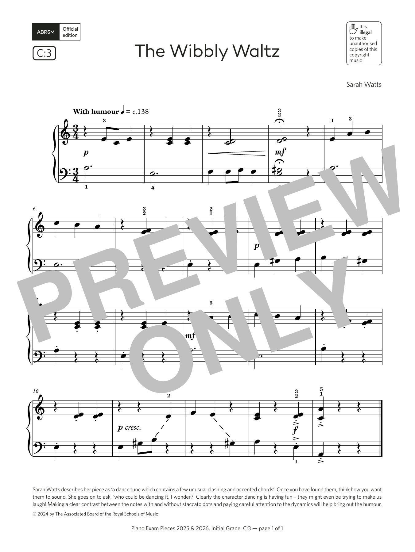 Sarah Watts The Wibbly Waltz (Grade Initial, list C3, from the ABRSM Piano Syllabus 2025 & 2026) sheet music notes and chords arranged for Piano Solo