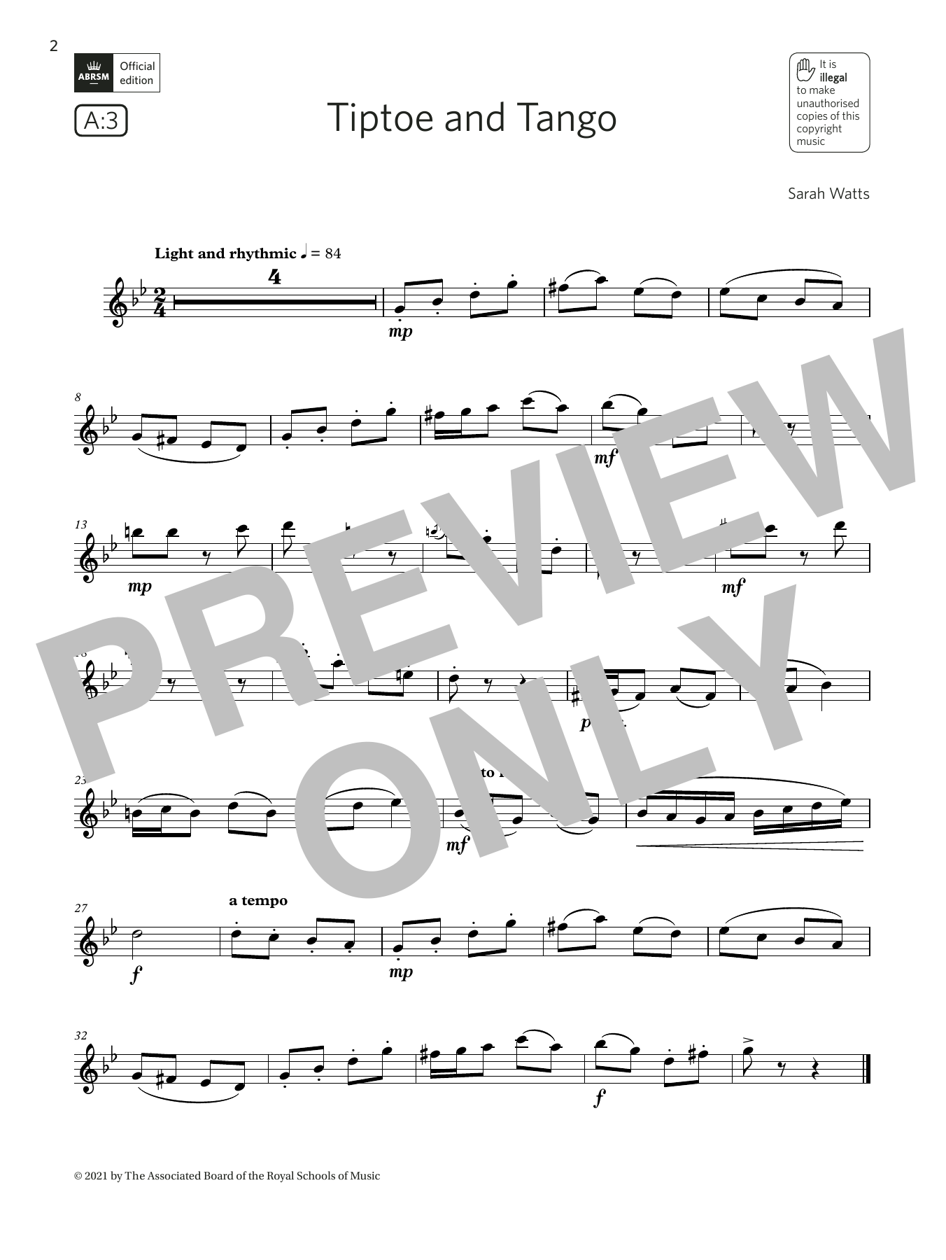 Sarah Watts Tiptoe and Tango (Grade 3 List A3 from the ABRSM Flute syllabus from 2022) sheet music notes and chords arranged for Flute Solo