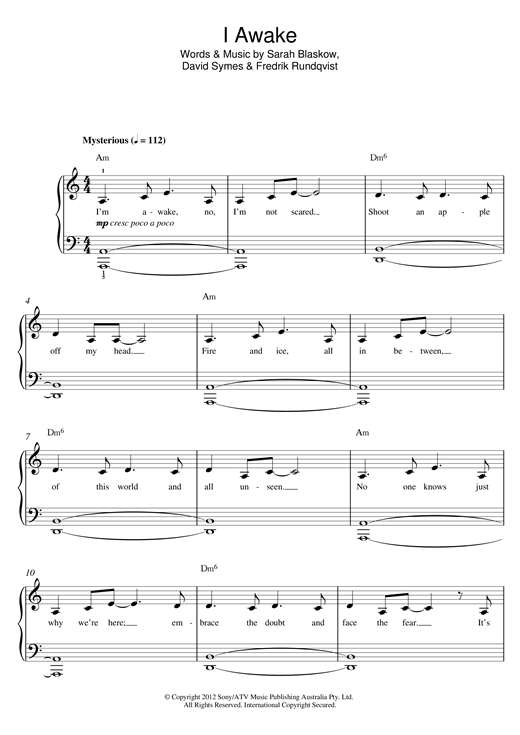 Sarah Blasko I Awake sheet music notes and chords arranged for Beginner Piano