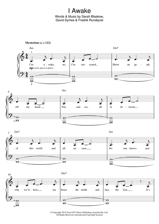 Sarah Blasko I Awake sheet music notes and chords arranged for Beginner Piano (Abridged)