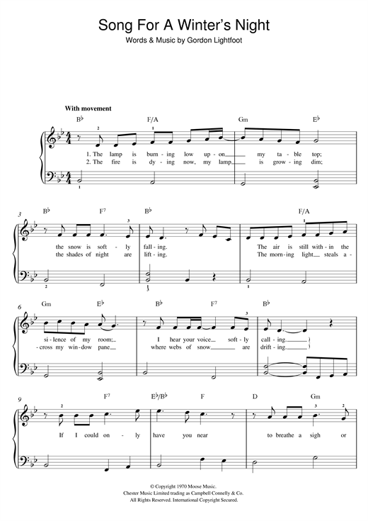 Sarah McLachlan Song For A Winter's Night sheet music notes and chords arranged for Beginner Piano
