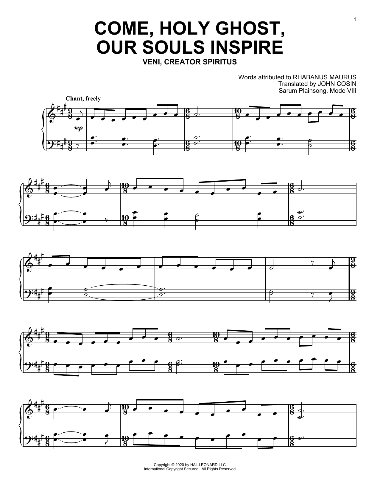 Sarum Plainsong Come, Holy Ghost, Our Souls Inspire sheet music notes and chords arranged for Piano Solo