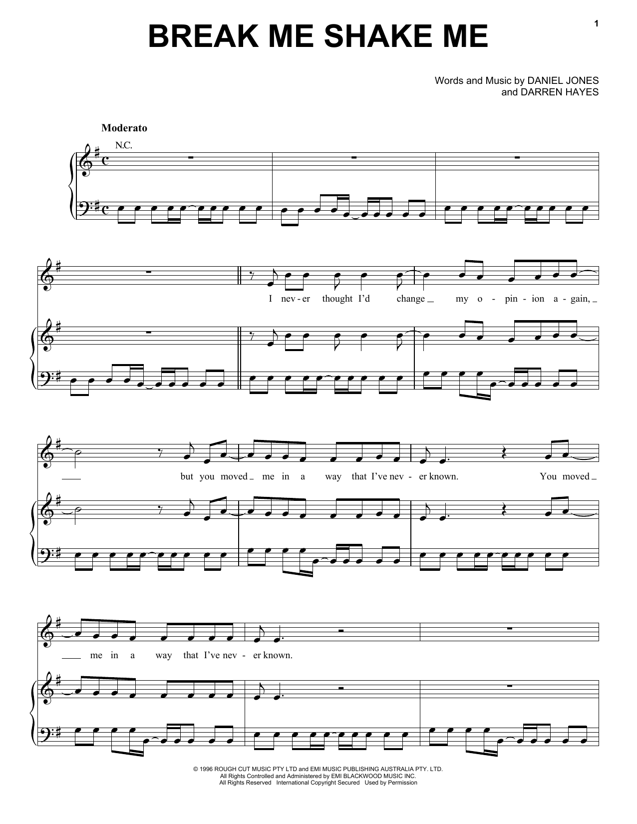 Savage Garden Break Me Shake Me sheet music notes and chords arranged for Piano, Vocal & Guitar Chords (Right-Hand Melody)