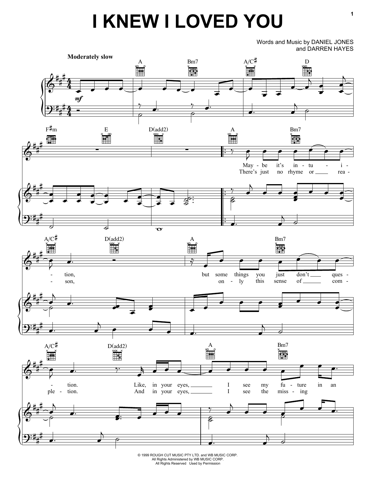 Savage Garden I Knew I Loved You sheet music notes and chords arranged for Vocal Pro + Piano/Guitar