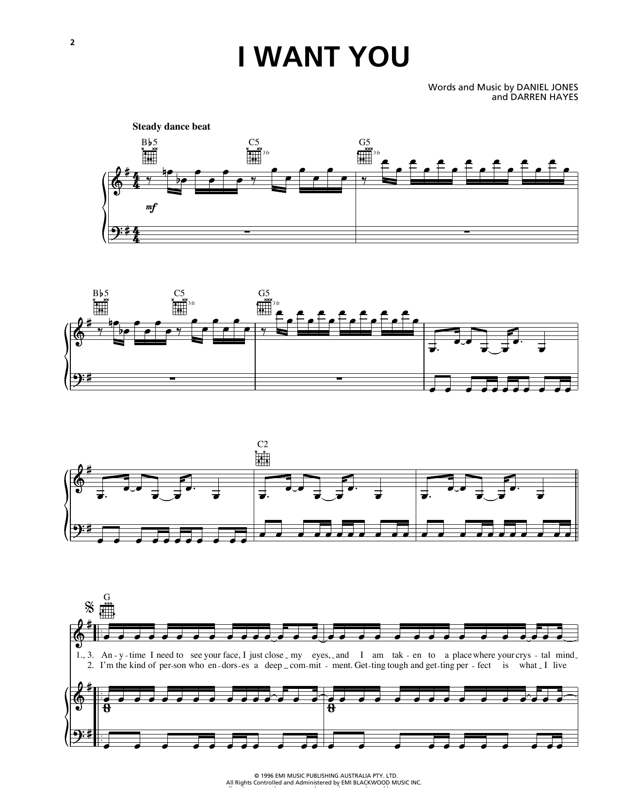 Savage Garden I Want You sheet music notes and chords arranged for Piano, Vocal & Guitar Chords (Right-Hand Melody)