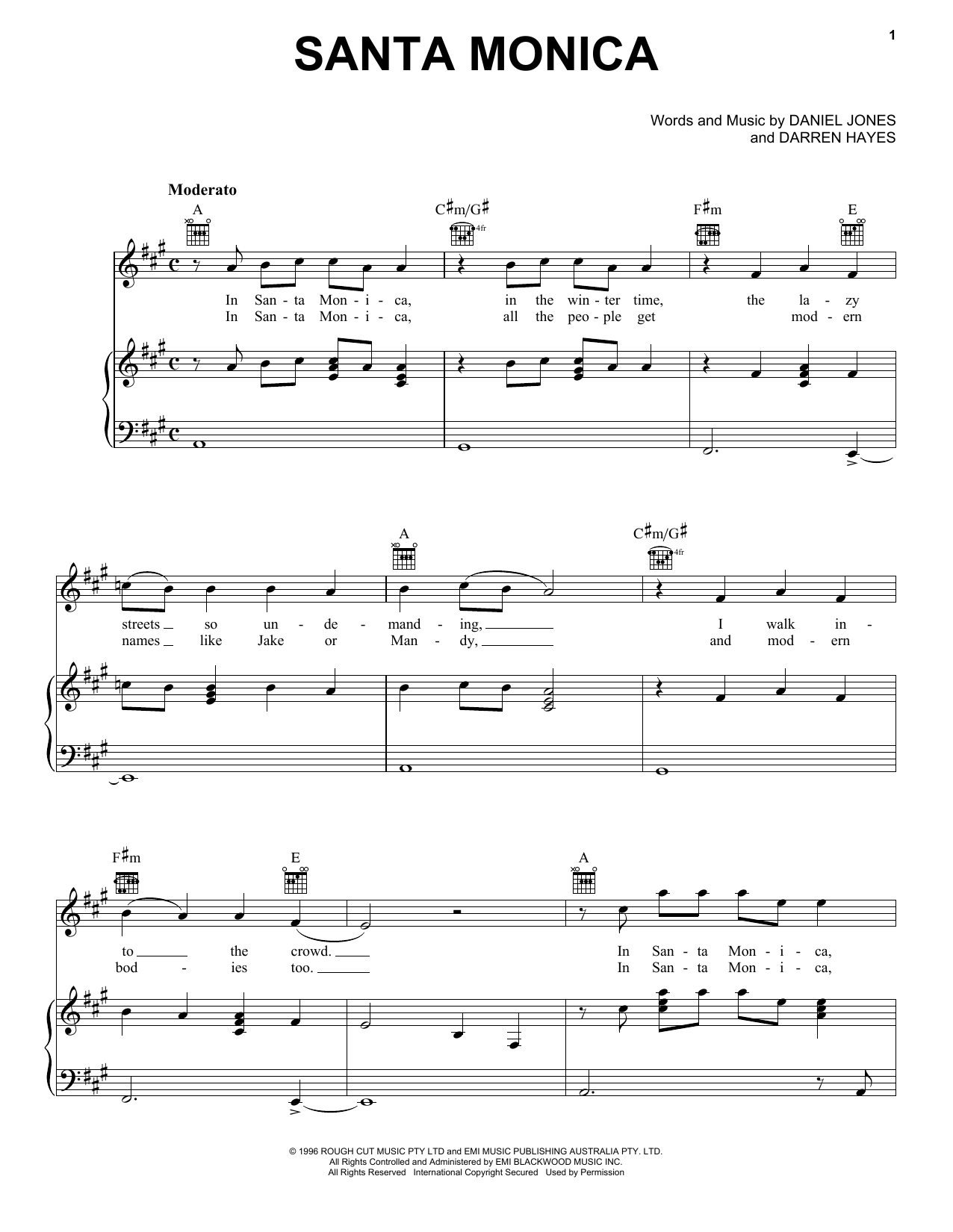 Savage Garden Santa Monica sheet music notes and chords arranged for Piano, Vocal & Guitar Chords (Right-Hand Melody)