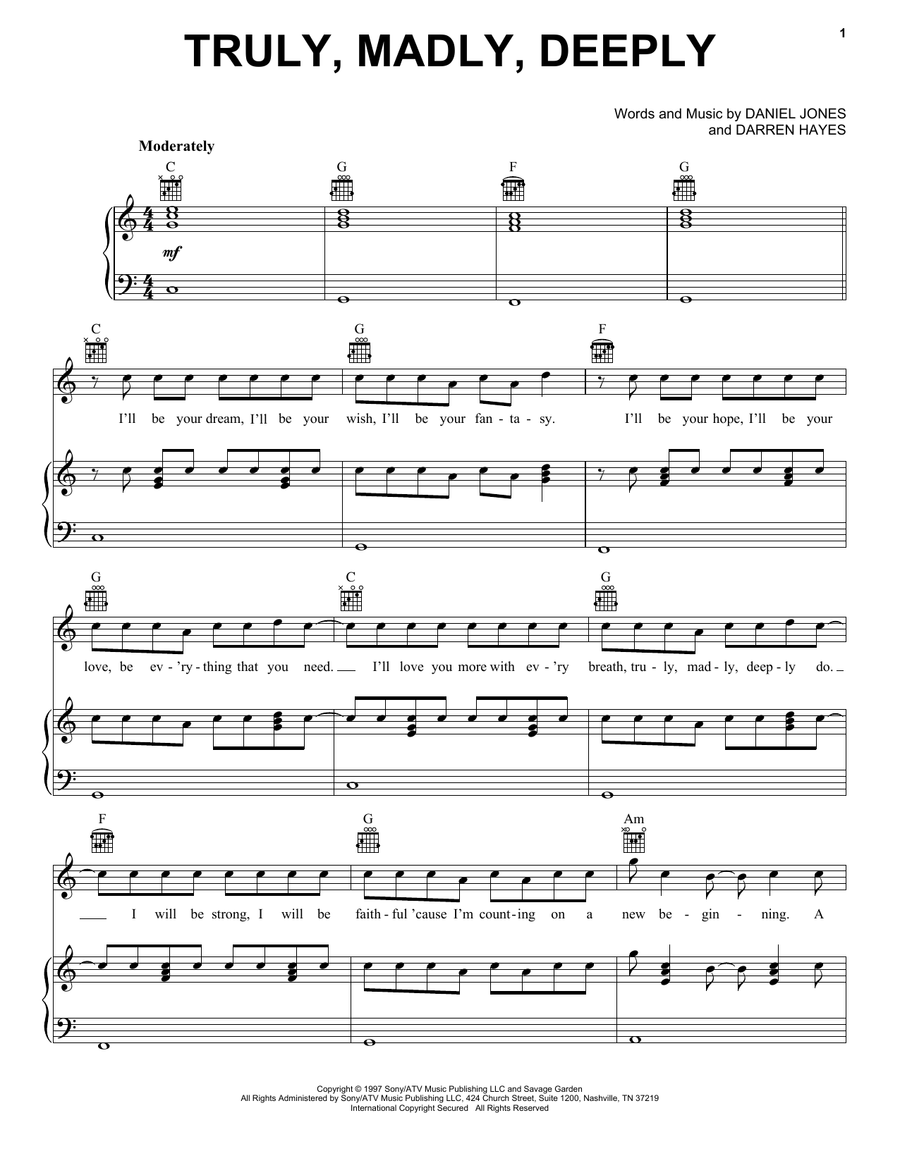 Savage Garden Truly, Madly, Deeply sheet music notes and chords arranged for Piano, Vocal & Guitar Chords (Right-Hand Melody)