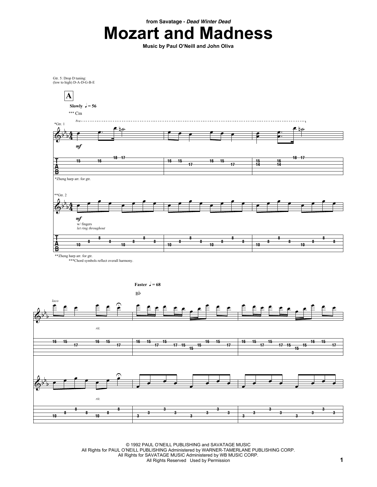 Savatage Mozart And Madness sheet music notes and chords arranged for Guitar Tab