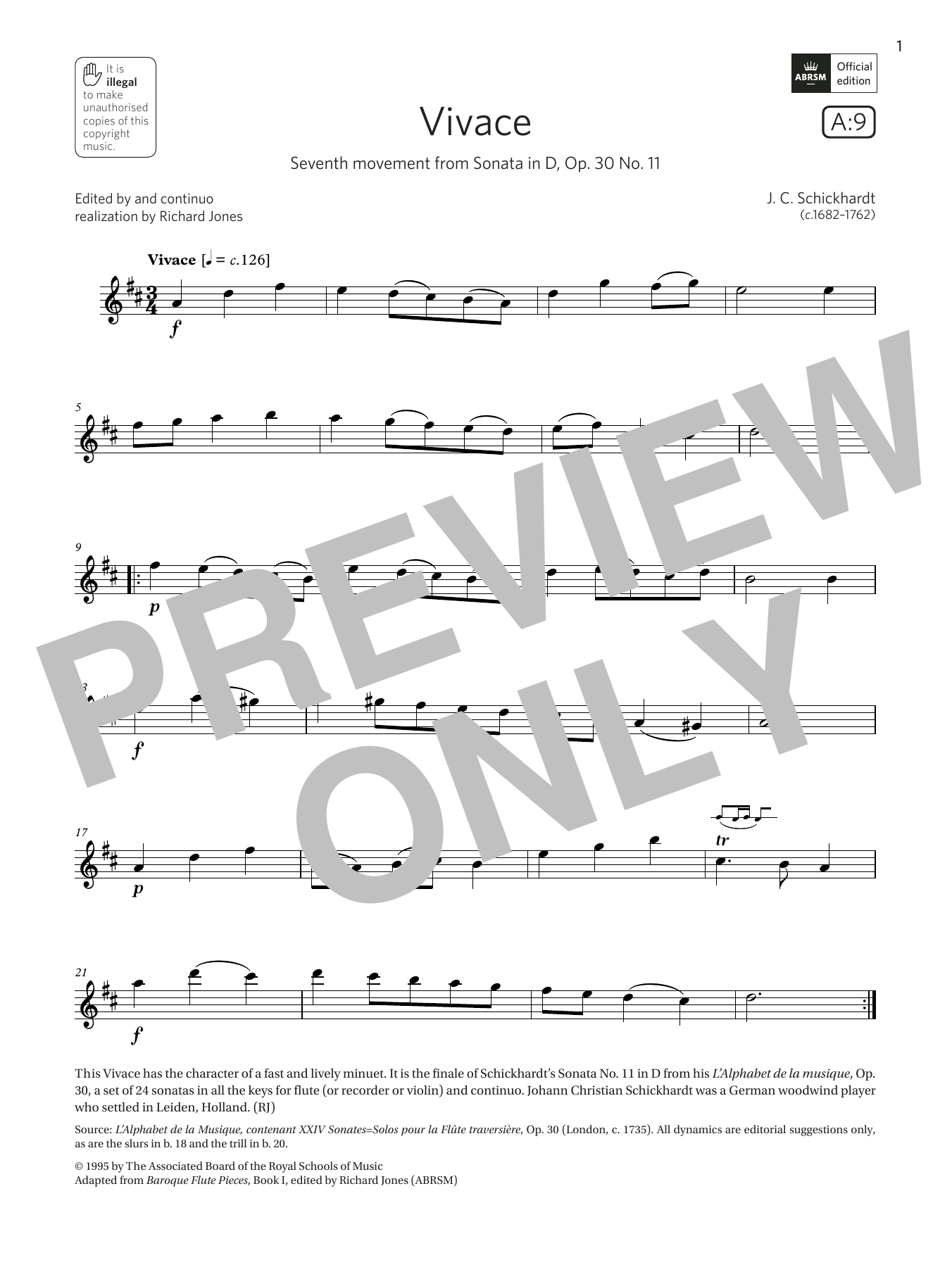 Schickhardt Vivace (from Sonata in D, Op. 30 No. 11) (Grade 2 List A9 from the ABRSM Flute syllabus from 2022) sheet music notes and chords arranged for Flute Solo