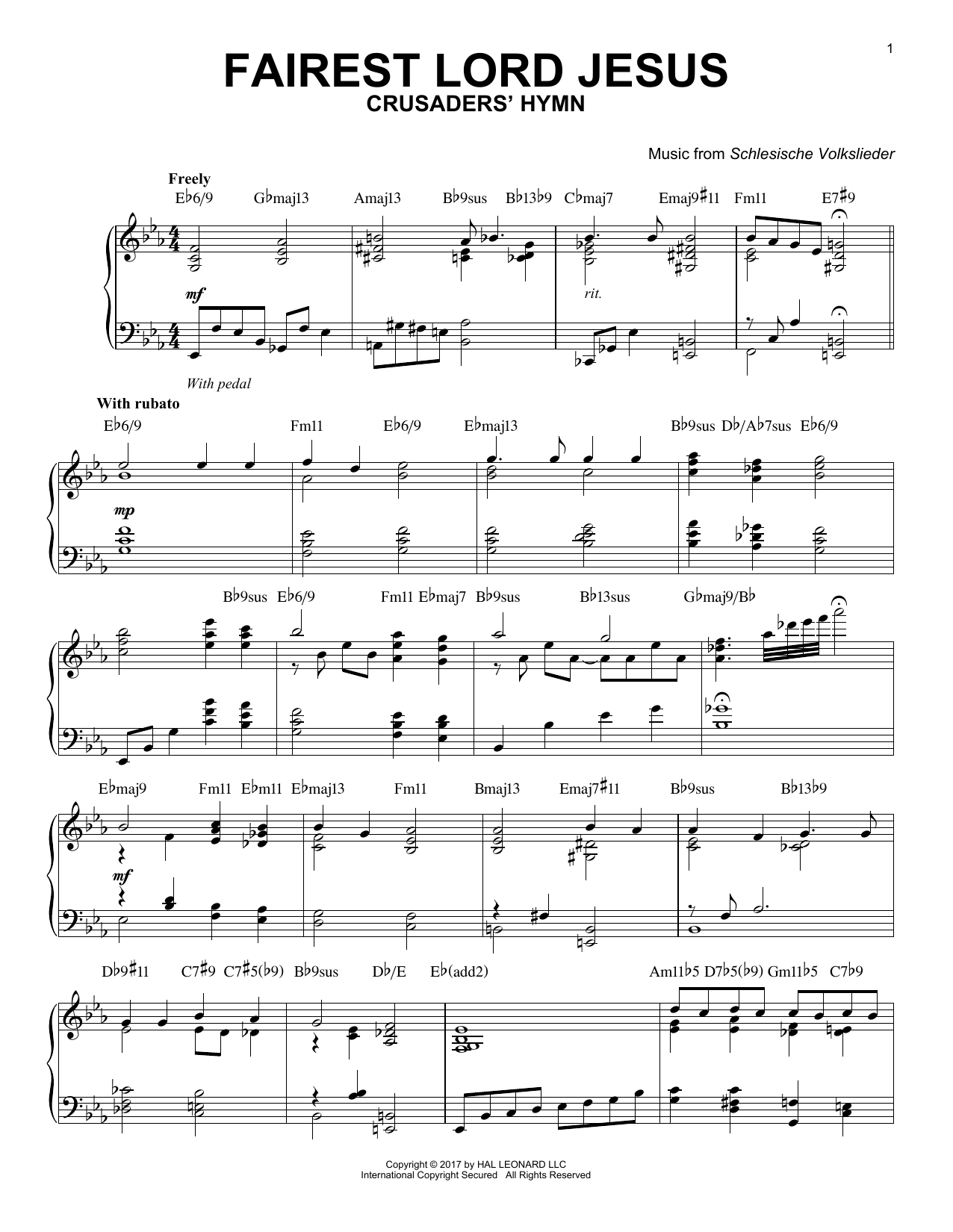 Schlesische Volkslieder Fairest Lord Jesus [Jazz version] sheet music notes and chords arranged for Piano Solo