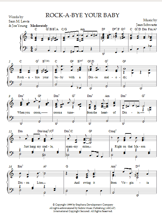 Schwartz Rock-A-Bye Your Baby (With A Dixie Melody) sheet music notes and chords arranged for Piano Solo