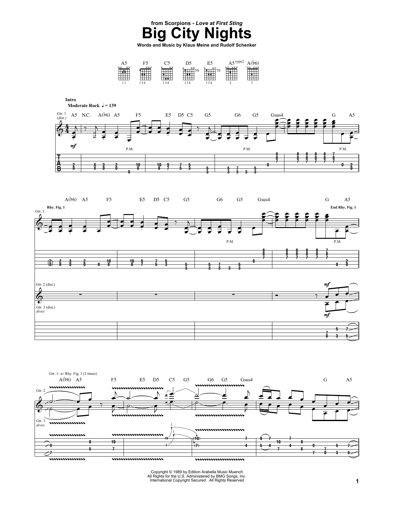 Scorpions Big City Nights sheet music notes and chords arranged for Bass Guitar Tab