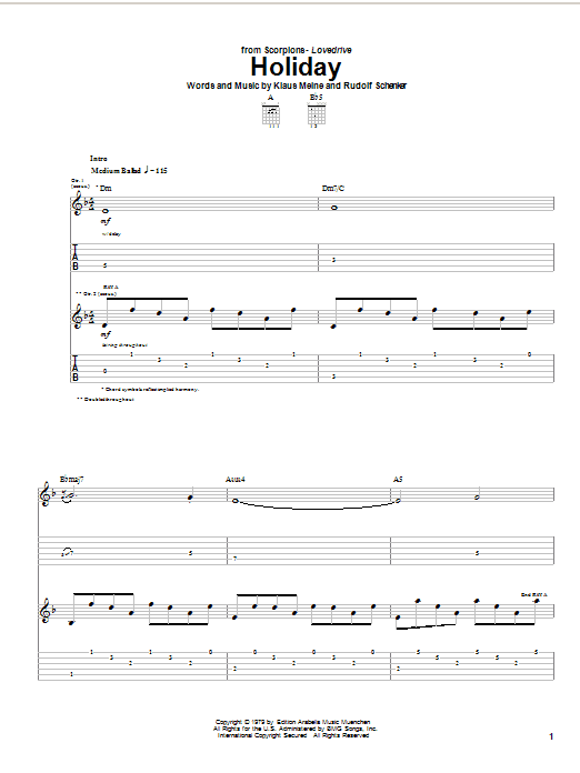Scorpions Holiday sheet music notes and chords arranged for Guitar Tab