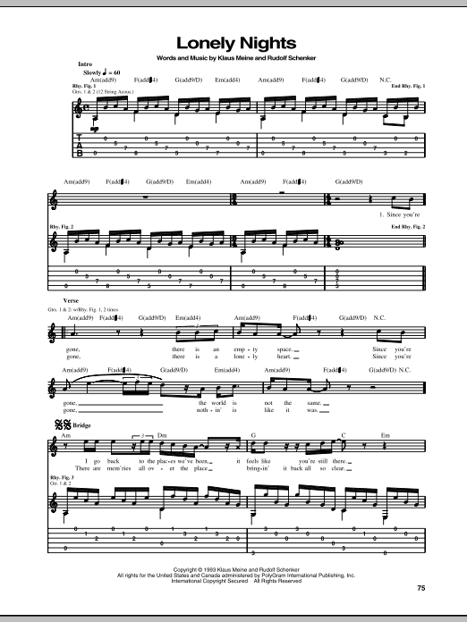 Scorpions Lonely Nights sheet music notes and chords arranged for Guitar Tab