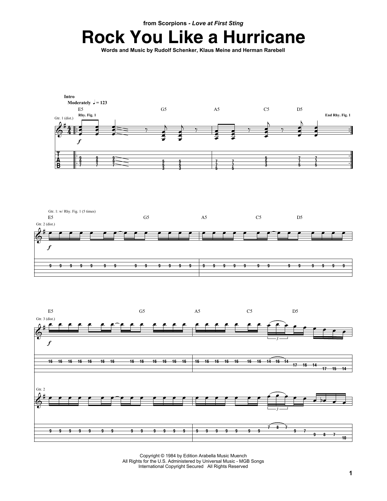 Scorpions Rock You Like A Hurricane sheet music notes and chords arranged for Guitar Chords/Lyrics