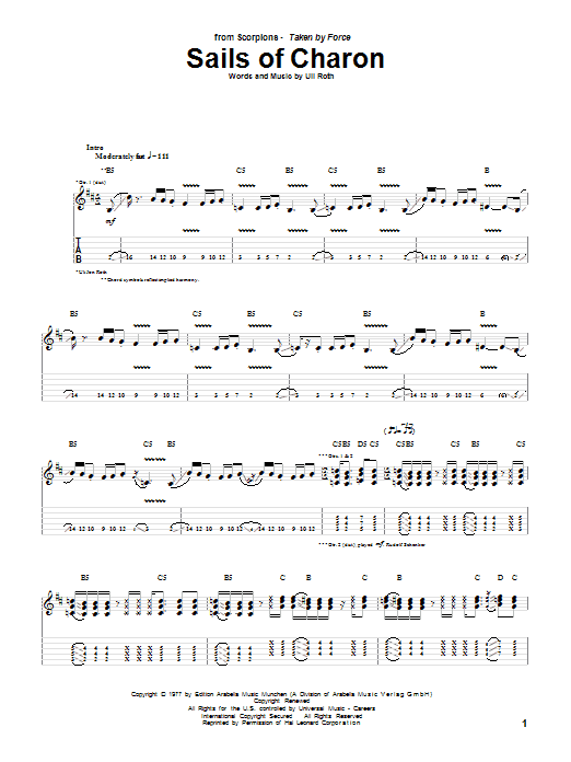 Scorpions Sails Of Charon sheet music notes and chords arranged for Guitar Tab