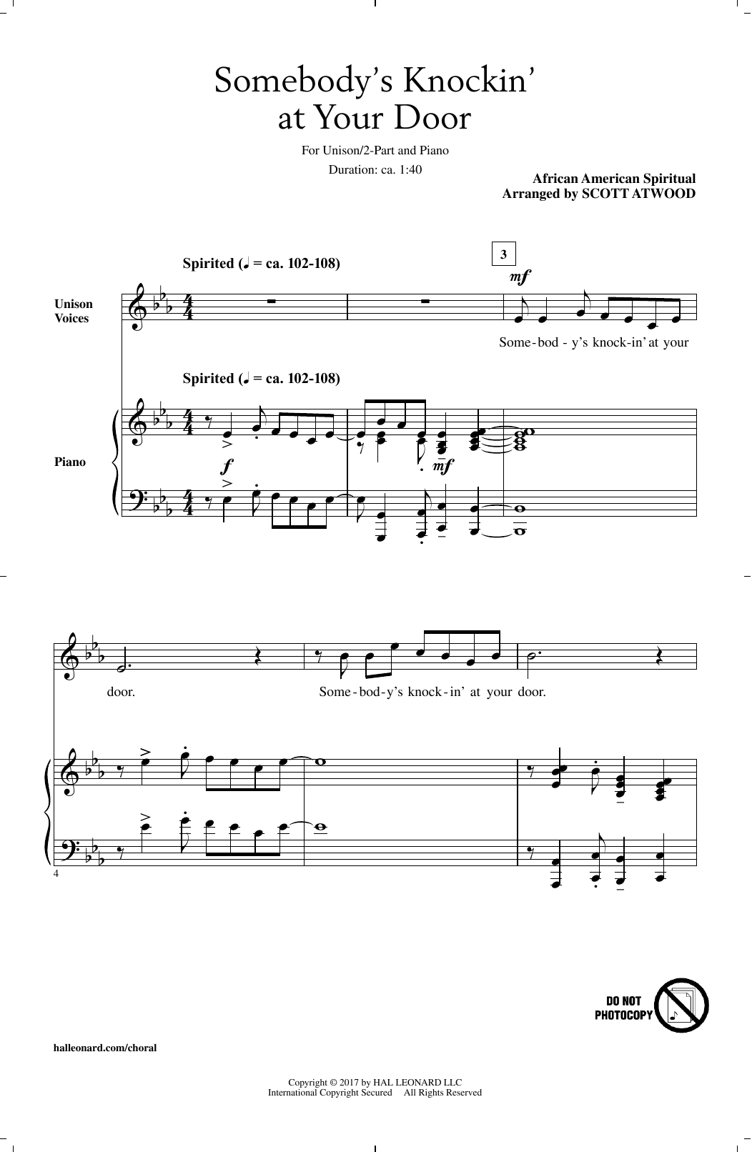 Scott Atwood Somebody's Knockin' At Your Door sheet music notes and chords arranged for Unison Choir