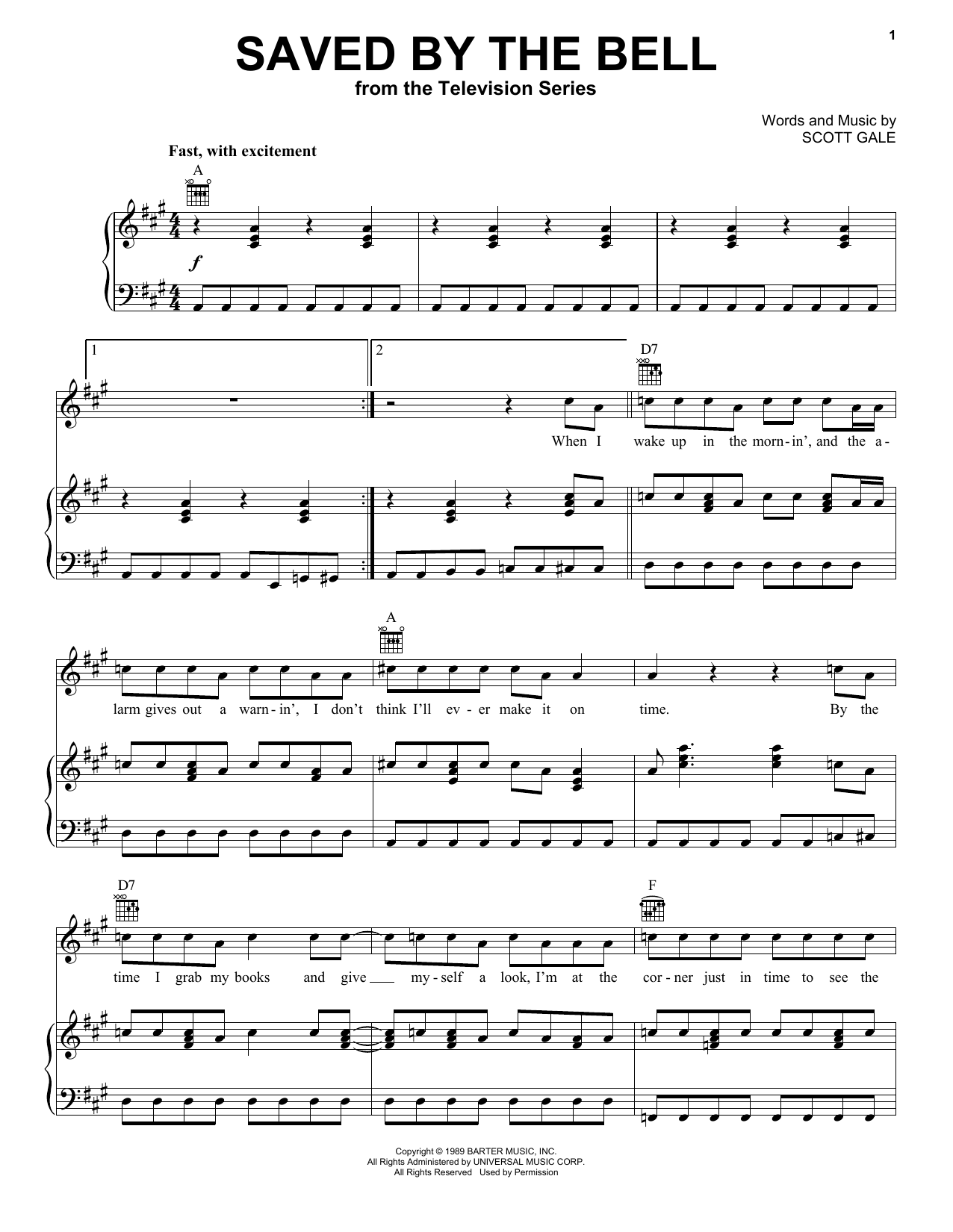 Scott Gale Saved By The Bell sheet music notes and chords arranged for Very Easy Piano