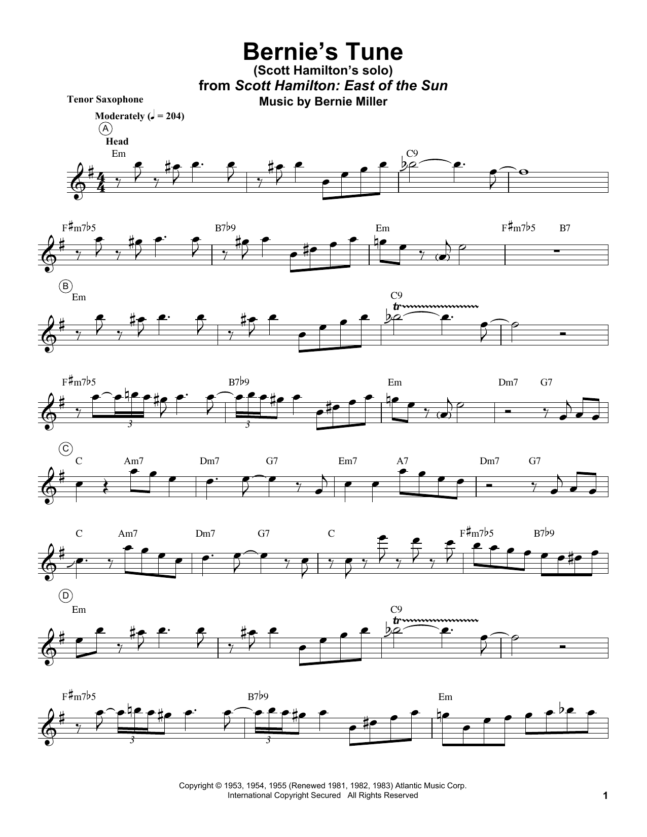 Scott Hamilton Bernie's Tune sheet music notes and chords arranged for Tenor Sax Transcription