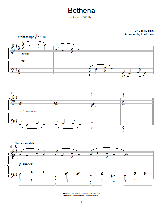 Scott Joplin Bethena, Ragtime Waltz sheet music notes and chords arranged for Educational Piano