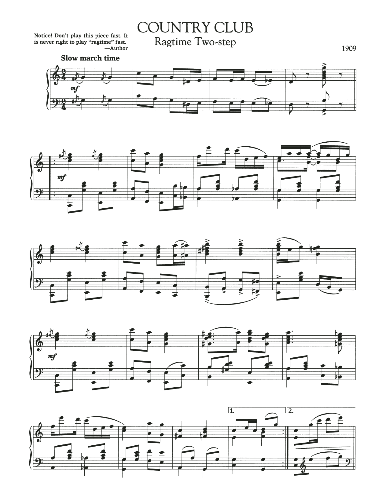 Scott Joplin Country Club sheet music notes and chords arranged for Piano Solo