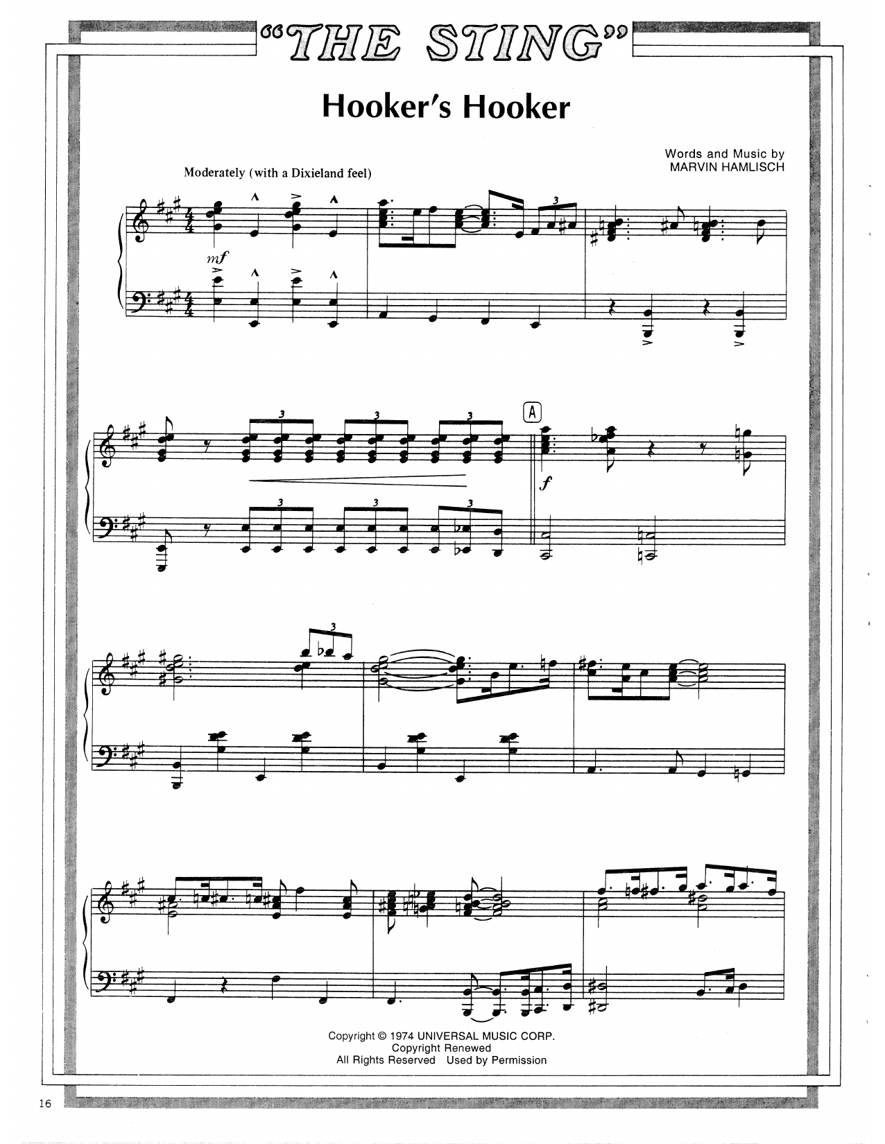 Scott Joplin Hooker's Hooker (from The Sting) sheet music notes and chords arranged for Piano Solo