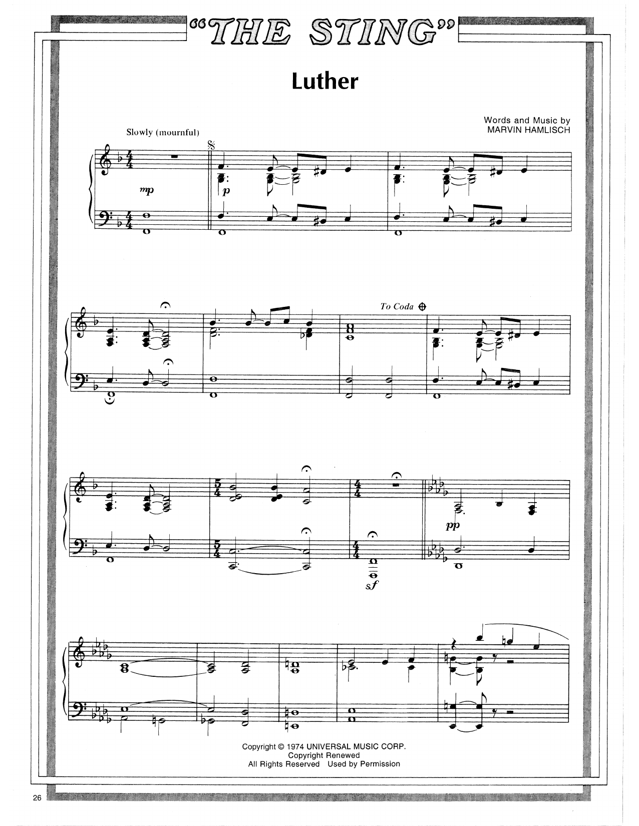 Scott Joplin Luther (from The Sting) sheet music notes and chords arranged for Piano Solo