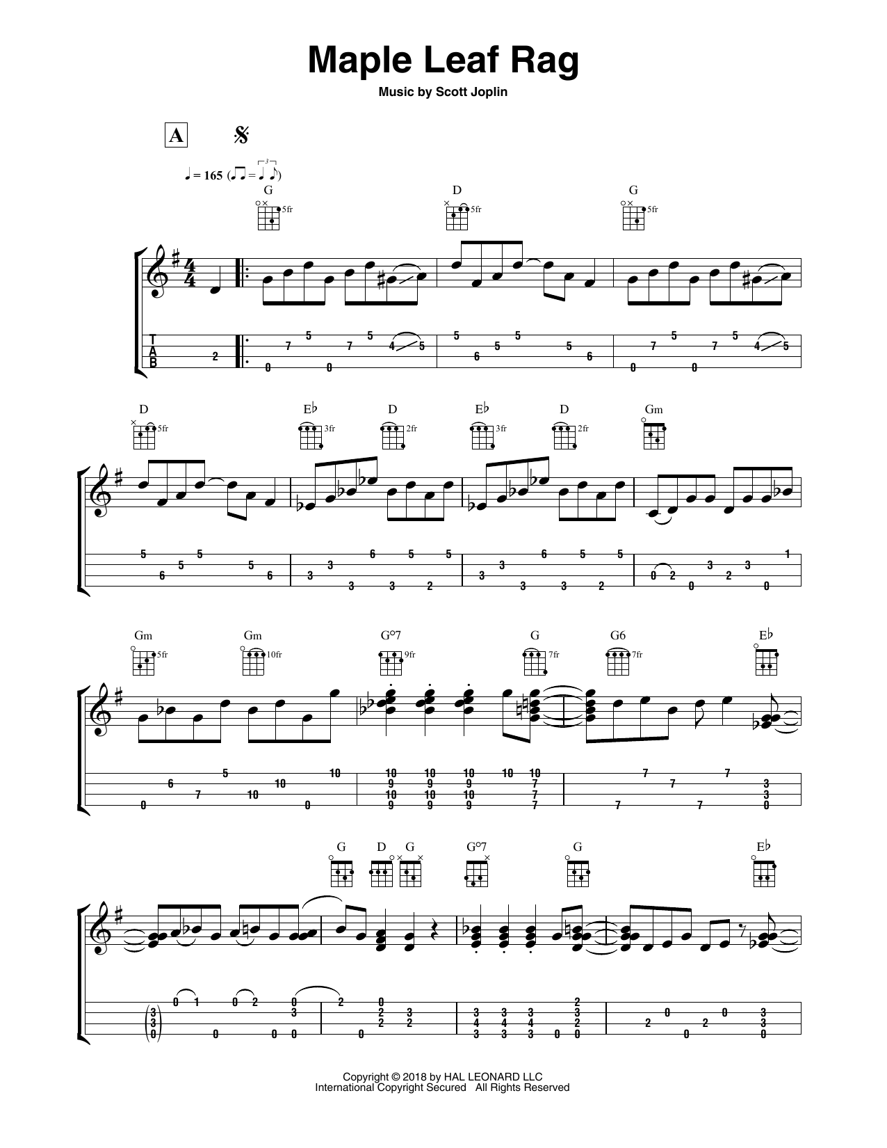 Fred Sokolow Maple Leaf Rag sheet music notes and chords arranged for Easy Ukulele Tab