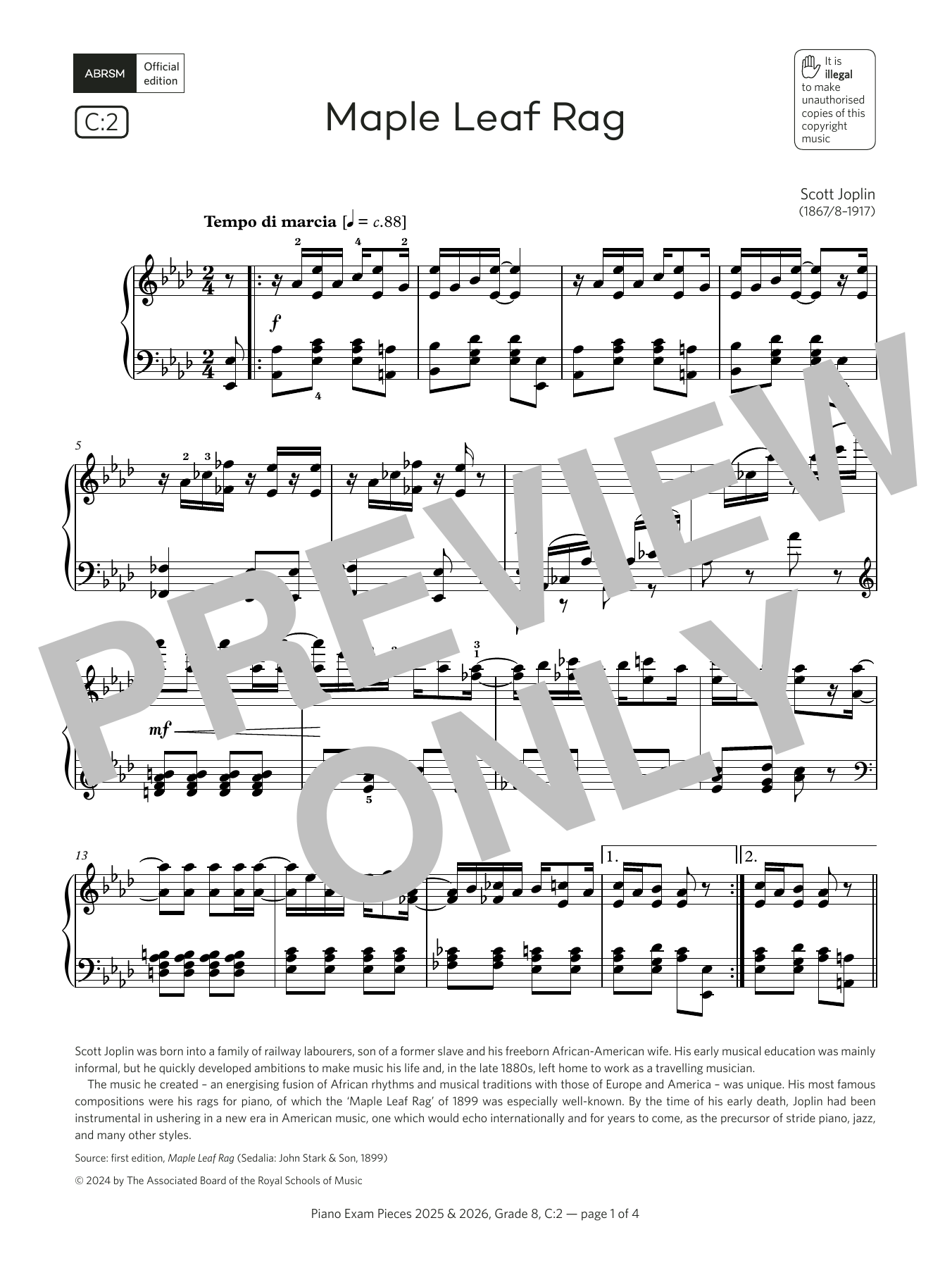 Scott Joplin Maple Leaf Rag (Grade 8, list C2, from the ABRSM Piano Syllabus 2025 & 2026) sheet music notes and chords arranged for Piano Solo