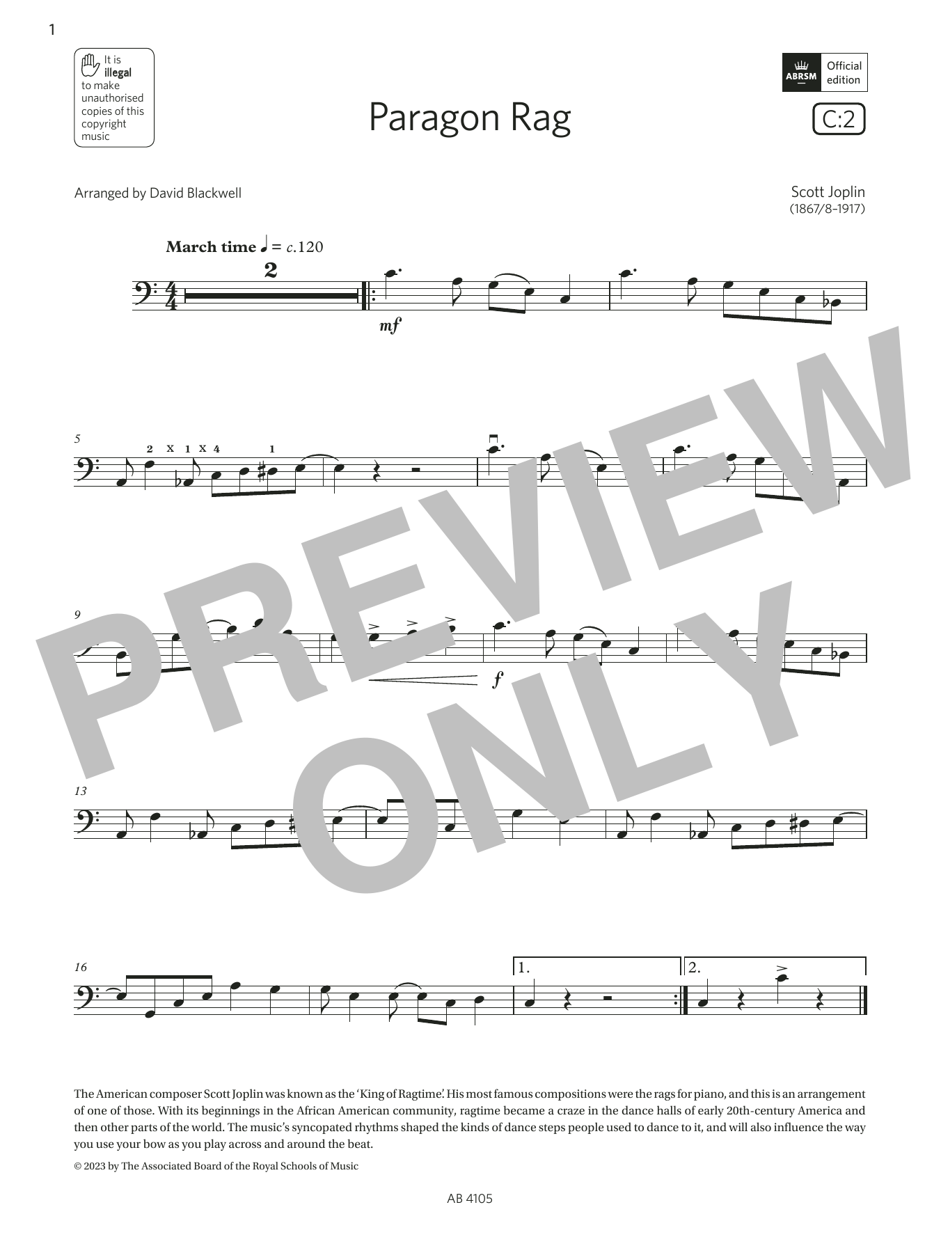 Scott Joplin Paragon Rag (Grade 2, C2, from the ABRSM Cello Syllabus from 2024) sheet music notes and chords arranged for Cello Solo